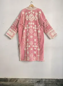 Chaqueta Larga de Terciopelo Rosa Vintage para Mujer, Estilo Suzani, Bordado Floral, Bohemio, Manga Larga, Cuello Alto, Ropa de Abrigo de Invierno - Product Image 4