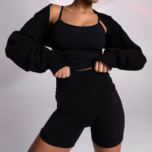 Ensemble de yoga bleu marine pour femme – Pantalon taille haute et crop top à manches longues – Sans couture, extensible dans les quatre sens, respirant – Tenue de fitness en Spandex/Nylon - Product Image 1
