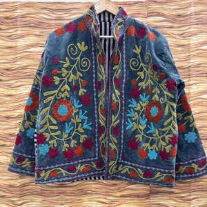 Handmade Blue <b>Velvet</b> Suzani <b>Jacket</b> With Floral Embroidery Stand Collar Full Sleeve <b>Women's</b> Autumn Outerwear - Product Image 1
