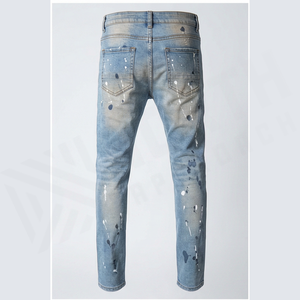 Jean en denim coupe slim à jambe droite pour homme, taille mi-haute, délavage clair, peint à la main, style décontracté printemps, en coton - Product Image 1