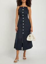 Women's Navy Blue Maxi Dress Mandarin Collar Bell Sleeve Sweet Breathable Linen Regular Fit Button Front All Seasons Casual - Product Image 3