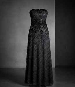 Robe de soirée de luxe noire sans bretelles, brodée à la main, longueur ras du sol, ornée de cristaux, vente en gros - Product Image 2