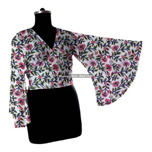 Top de Algodón Multicolor con Lazos, Top de Algodón para Mujer, Top Indio de Algodón con Lazos, Top Hippie con Mangas Campana y Lazos Delanteros, Estilo Retro Casual - Product Image 1