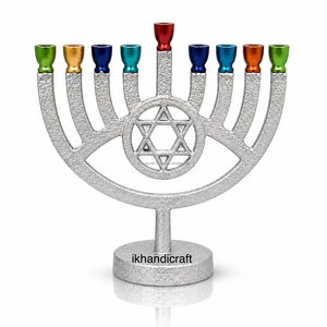 Metal Hanukkah Menorah 9 Branch Candlestick Holder Polished Finish Multicolored Tabletop Hanukkah <b>Decor</b> - Product Image 6