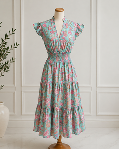 ชุดเดรสผ้าฝ้ายลายดอกไม้สำหรับผู้หญิง ทรงพลิ้วไหว ยาวถึงข้อเท้า ช่วงเอวสม็อค กระโปรงทรงยาว มีกระเป๋าข้าง พิมพ์ลายด้วยมือ ผลงานชิ้นเอก ใส่สบายในฤดูร้อน - Product Image 1