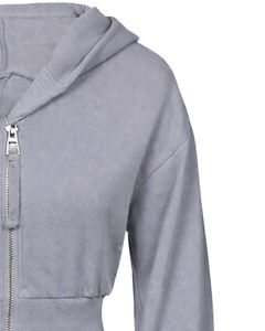 Womens Light Grey <b>Cropped</b> <b>Zip</b> <b>Up</b> Hoodie Slim Fit Long Sleeve Casual Streetwear Cotton Fleece Sweatshirt Custom Logo ODM Factory - Product Image 4