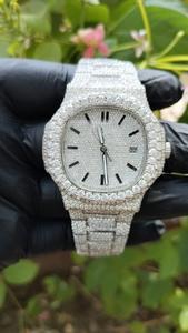 Iced Moissanite <b>Mechanical</b> <b>Watch</b> for Men Stainless Steel Bracelet Round Dial Date Display Waterproof - Product Image 2