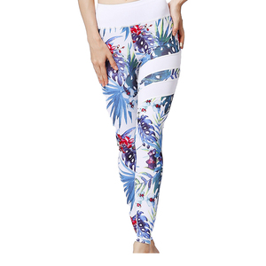 High Waist Print <b>Leggings</b> <b>Women</b> Full Length Stretch Knitted Sporty Yoga Pants Summer Wear White Base With Blue <b>Red</b> Pattern - Product Image 1