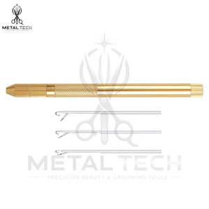 Gold Metal Hair Extension Loop <b>Threader</b> Latch Hook Pulling <b>Needle</b> Set With 3 Replaceable Tips Salon Micro Ring Fitting Tool - Product Image 2