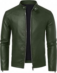 Blouson moto en cuir vert pour homme, col montant, fermeture éclair, coupe ajustée, manches classiques, style automne - Product Image 3