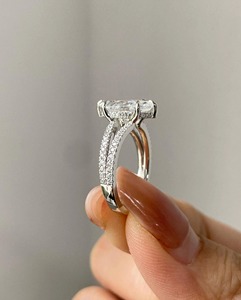 Marquise Lab Grown Diamond Solitaire <b>Ring</b> 14K White Gold Hidden Halo <b>Split</b> Band Half Eternity Engagement Wedding <b>Ring</b> - Product Image 2