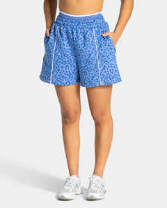 Shorts pour femmes de qualité supérieure 100% coton, logo personnalisé brodé, imprimé léopard bleu avec passepoil, shorts longs - Product Image 4