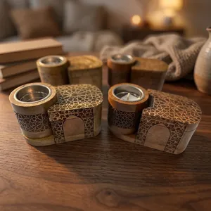 Juego de quemadores de incienso de madera con forma de mezquita, con intrincadas grabados de estrellas y copas de metal extraíbles para decoración. - Product Image 6