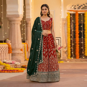 Lehenga Choli en soie Fendy avec broderie complexe et bordure traditionnelle |   Vêtements de mariage festifs pour femmes, vente en gros pour femmes - Product Image 3