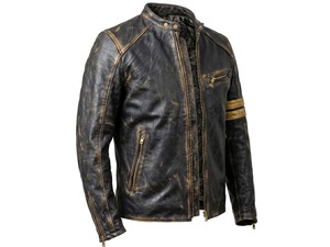 Men's Distressed Leather <b>Cafe</b> <b>Racer</b> <b>Jacket</b> Yellow Stripe Biker Motorcycle Slim Fit Coat - Product Image 2