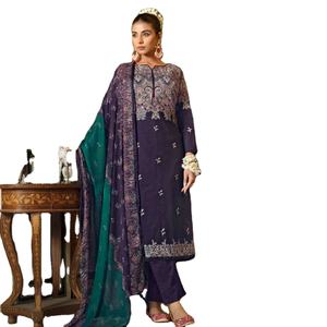 Vestido Duppata con estampado exclusivo del último diseñador Seda pesada y algodón puro con trabajo hecho a mano - Product Image 3