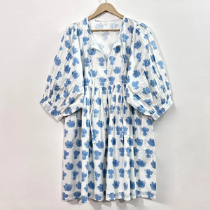 เดรสลำลองผู้หญิงผ้าฝ้ายทอสีพื้น/เรียบ แขนทรงบอลลูน เอวทรงเอ็มไพร์ ทรงเบบี้ดอลล์ คอวีทรงโอเวอร์ไซส์ ทรงหลวม - Product Image 3