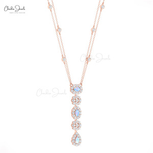 Collier Halo en Or Massif 14 carats avec Pierre de Lune Arc-en-ciel Naturelle 5x3mm et Diamant Blanc, Collier Lariat – Fournisseurs en Gros - Product Image 3