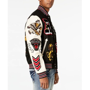 Men's Embroidered Varsity <b>Jacket</b> With Patch Designs Black And Cream Streetwear Style Regular Fit Turn-down Collar - Product Image 4
