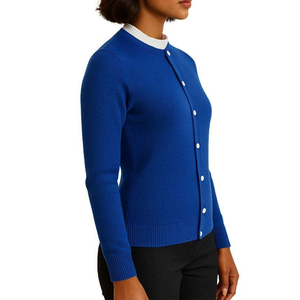 High Demand <b>Royal</b> <b>Blue</b> <b>Women</b>’s Knit <b>Cardigan</b> Sweater White Ruffle Collar Embroidered Cotton Letter Button-Up Breathable - Product Image 4