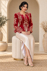 Vestido Karakou de Terciopelo Rojo Rubí para Mujer, Bordado Dorado, Manga Larga, Corte Holgado, Blazer para Boda, Cuello en V, Maxi, Dobladillo Acampanado, Elegante - Product Image 3
