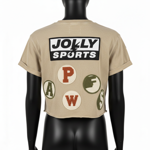 T-shirt court pour femme en jersey de coton premium, beige délavé, avec patch brodé, logo personnalisé, respirant - Product Image 2