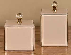 Champagne Beige Glass Jewelry Storage Box with Crystal Knob <b>Mirrored</b> Edges Glossy Finish Decorative Keepsake and <b>Vanity</b> Organize - Product Image 1