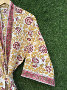 Bata Kimono de Algodón con Estampado Floral para Mujer, Larga, de Manga Larga, Informal, para Primavera/Verano, Suave, Ligera, Hecha a Mano, con Cuello en V - Product Image 4