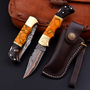Luxury Japanese Style Steel Copper Damascus Back <b>Lock</b> Folding Pocket Knife Tactical Outdoor Resin Brass Bolster Handle 6.5" - Product Image 1