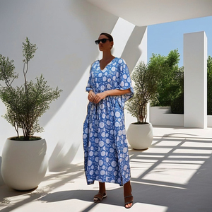 Women Designer Indian Cotton <b>Kaftan</b> Floral Block Print Long <b>Summer</b> Beachwear Party Cover Up Dress - Product Image 3