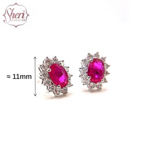 Boucles d'oreilles clous classiques en or blanc massif 18 carats avec halo de diamants et rubis ovales de 1,80 ct pour femme, par Sheri Jewels, idéales pour un anniversaire - Product Image 2