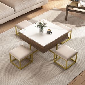 Set moderno tavolo da caffè con ascensore quadrato con contenitore e 4 pouf bianco e noce per soggiorno - Product Image 2