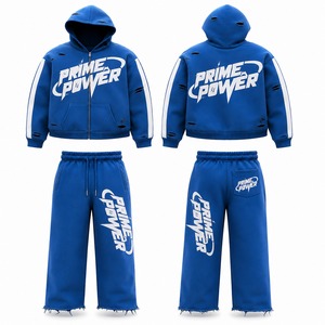 ชุดเซ็ตแทรคสูทสีน้ำเงินพร้อมฮู้ด แบรนด์ Prime Power แบบซิปเต็มตัว สไตล์สตรีทแวร์ สำหรับผู้ใหญ่ ไซส์ใหญ่พิเศษ ชุดสองชิ้นเข้าชุดกัน รับผลิตแบบ OEM ODM - Product Image 1