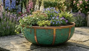 Outdoor <b>Large</b> Rounded Rustic Galvanized Green Patina and Copper Strip Design Outdoor Garden Rustic Planters Pots - Product Image 6