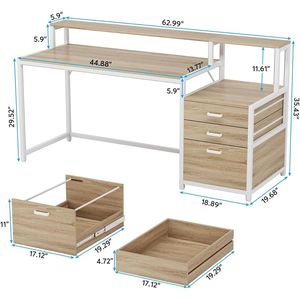 Ergonomic 63-Inch Office Desk with File <strong>Drawer</strong> <strong>Cabinet</strong> Industrial <strong>Computer</strong> <strong>Table</strong> and Printer Stand <strong>Computer</strong> Desks - Product Image 2