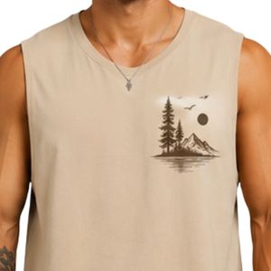 Beige Men Sleeveless Tank Top Nature Mountain Print Design Casual Summer Vest Gym Fitness Workout Muscle Shirt Cotton <b>Athletic</b> - Product Image 4