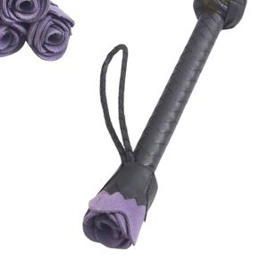 <b>Leather</b> Whip with Purple Rose Handle and Braided Grip Black Sheep Brand High Quality Multi-function for Sensory Play - Product Image 1