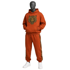Men's Orange Tiger Print Hooded Tracksuit Full Sleeve Casual Sweatshirt With Side Pockets And Elastic Waist <b>Pants</b> - Product Image 3