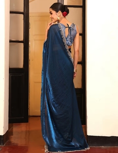 Sari en tissu de soie viscose KV traditionnel, orné de perles et de pierres, couleur vert sarcelle, avec blouse non cousue réversible et infroissable pour soirée - Product Image 3