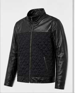 Chaqueta de moto de cuero original para hombre, azul y marrón, con cuello alto, cierre de cremallera, corte ajustado, manga regular, estilo color block para otoño - Product Image 1