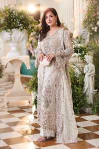 Robe Anarkali longue en soie brodée beige traditionnelle pour femme, style Inde Pakistan, robe de mariée, coupe ample, taille adulte - Product Image 2
