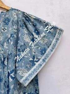 Mini vestido Maxi para mujer con estampado de flores azul y blanco de algodón indio recién llegado - Product Image 5