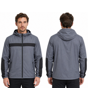 Veste coupe-vent à capuche pour homme, légère, imperméable, deux tons gris et noir, fermeture éclair, pour la course à pied - Product Image 4