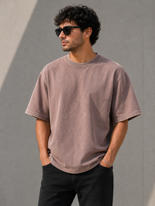 เสื้อยืดคอกลมทรงโอเวอร์ไซส์สไตล์วินเทจสำหรับผู้ชาย สีพื้น ย้อมสีแบบ Acid Wash ผ้าฝ้าย 100% สตรีทแวร์ลำลองสำหรับฤดูร้อน แบบถัก - Product Image 6