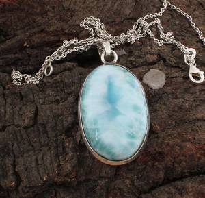Natural Larimar Oval Pendant Handmade Sterling Silver Gemstone Necklace Boho Jewelry Ocean Blue Stone Gift For Women - Product Image 2