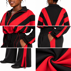 Conjunto Deportivo de 2 Piezas para Mujer 2026, con Capucha, Bloques de Color Negro y Rojo, Corte Holgado, Manga Larga, Tejido Transpirable - Product Image 5