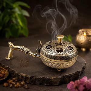 Quemador de incienso de latón hecho a mano con diseño de ventilación tallado para uso religioso, difusor de humo aromático estilo chino - Product Image 1
