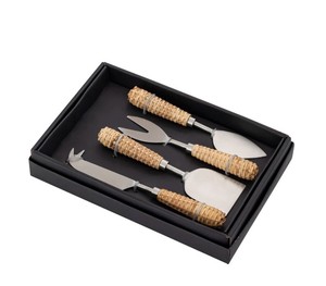 Ensemble de couteaux à fromage avec manche en rotin – Outils de service à fromage en acier inoxydable avec poignée en osier pour charcuterie et usage en cuisine - Product Image 2