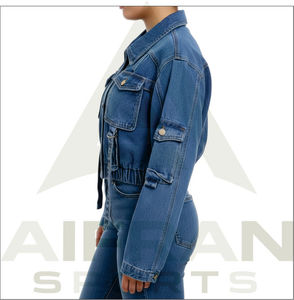 Chaqueta vaquera ligera de estilo urbano para mujer, con cuello vuelto, manga larga, abotonada, estilo crop top con fajas - Product Image 5