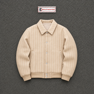 Chaqueta Varsity de Lana con Rayas Beige Personalizada para Hombre, Chaqueta Bomber con Puños Acanalados, Cierre de Botones, Ropa de Calle de Invierno, Venta al Por Mayor, Corte Casual - Product Image 5